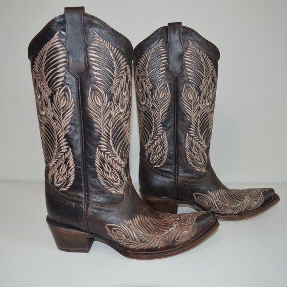 Circle G Feather Embroidered Snip Toe Western Boots - Picture 2 of 11